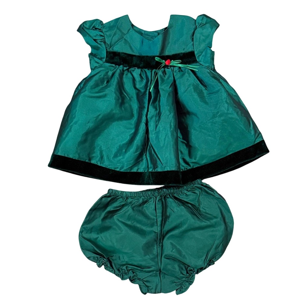 VTG Bryan Baby Girls Emerald Green Velvet Trim Dress and Bloomers Set 6-9M